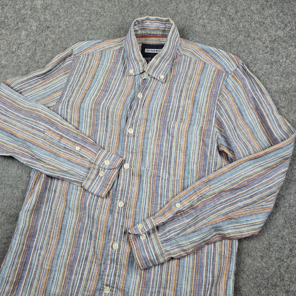 32 Bar‎ Blues Shirt Mens S Multicolor Stripe 100% Linen Button Down Long Sleeve